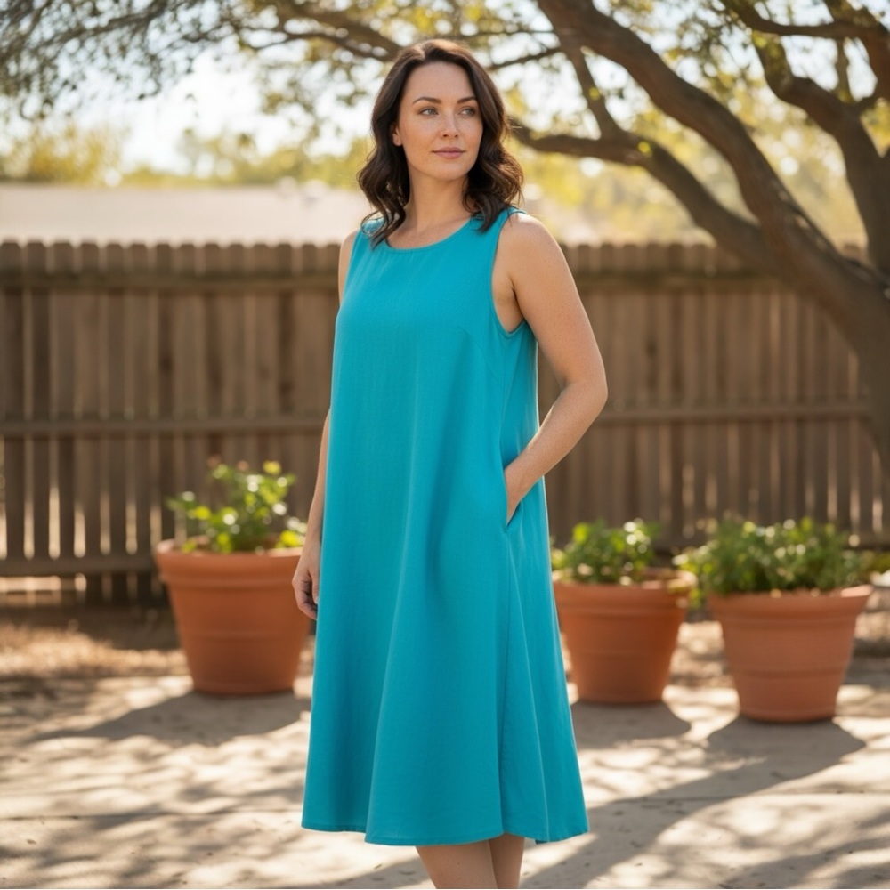 Grand Greece Linen Sleeveless Dress - Teal - 3X